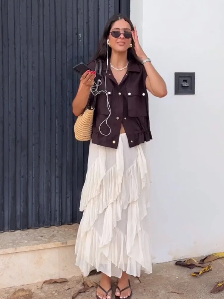 

HH Female Solid Elastic Waist Skirt Elegant Seaside Vacation Beach Skirt Women Fashion Stacked Ruffle Decoration Midi Skirt