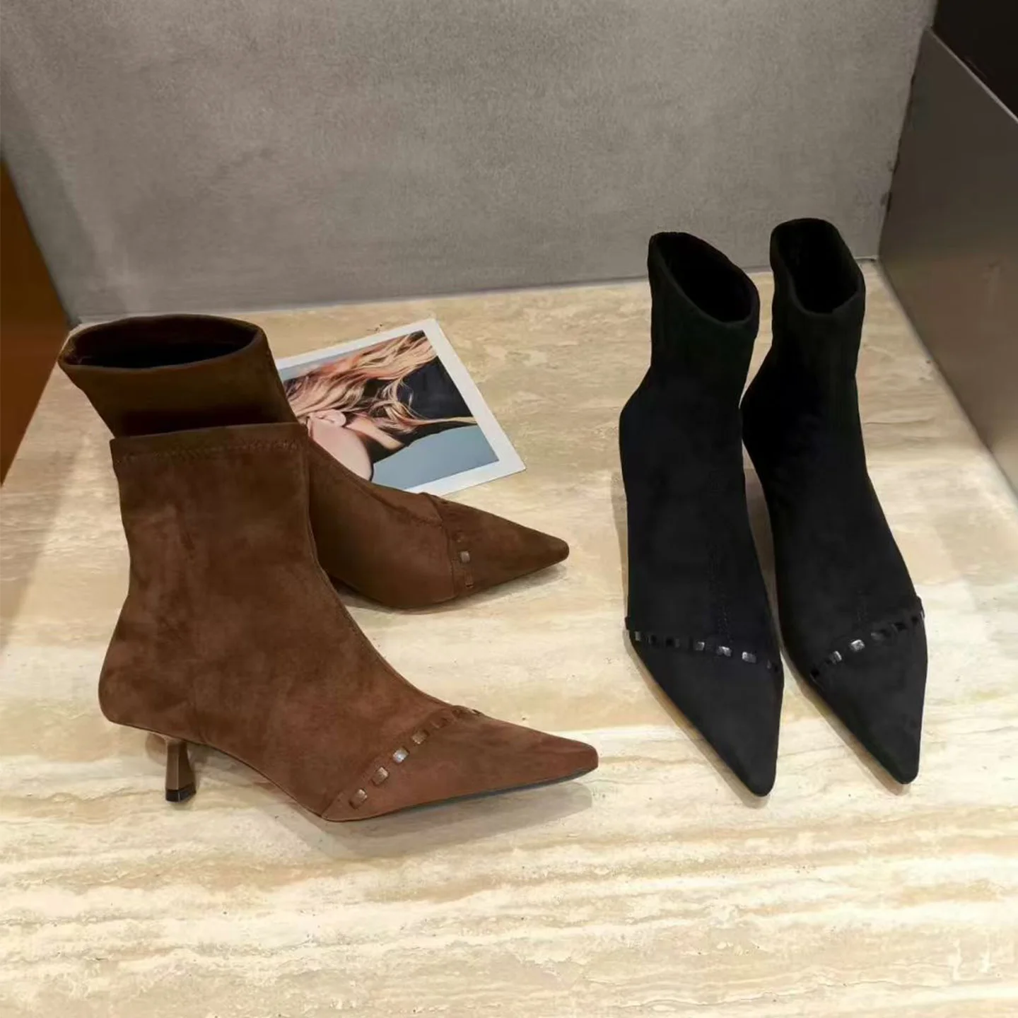 

Woman Boots High Heels Frosted Leather Black Colour Pointed Toe Fine Heels Stretch Boots Women 6 8cm Stiletto High Heels