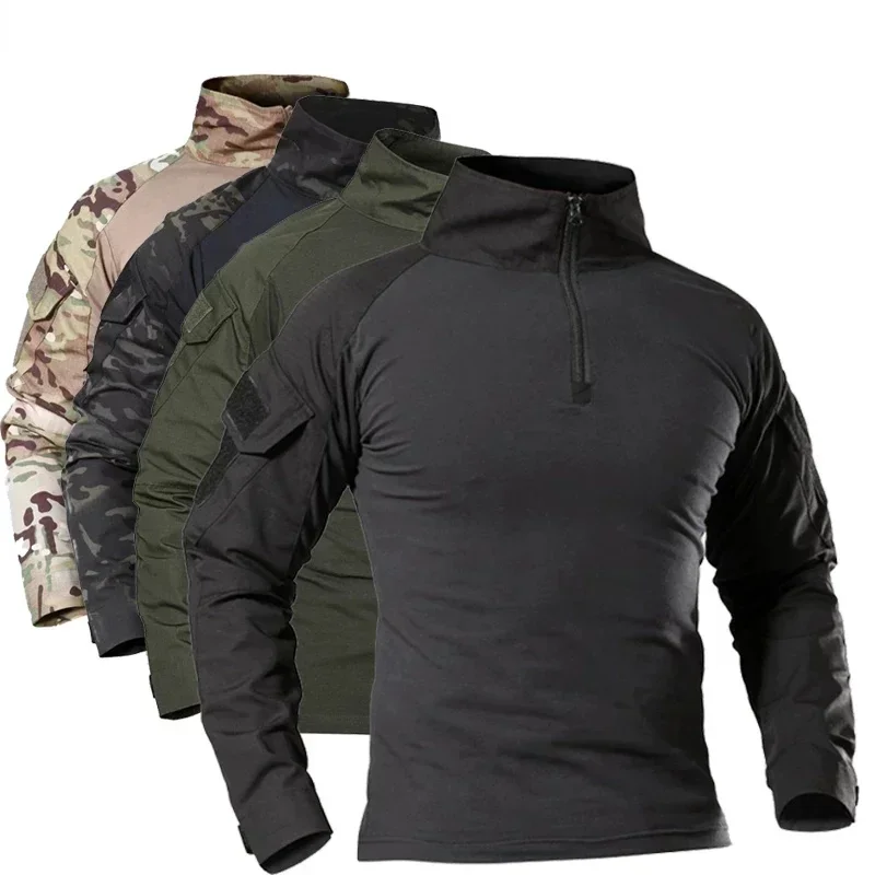 Men's Camo Tactical Combat Uniform 1/4 Zip Frog Shirt Long Sleeve Airsoft Paintball Training Camping hiking Hunting Clothing