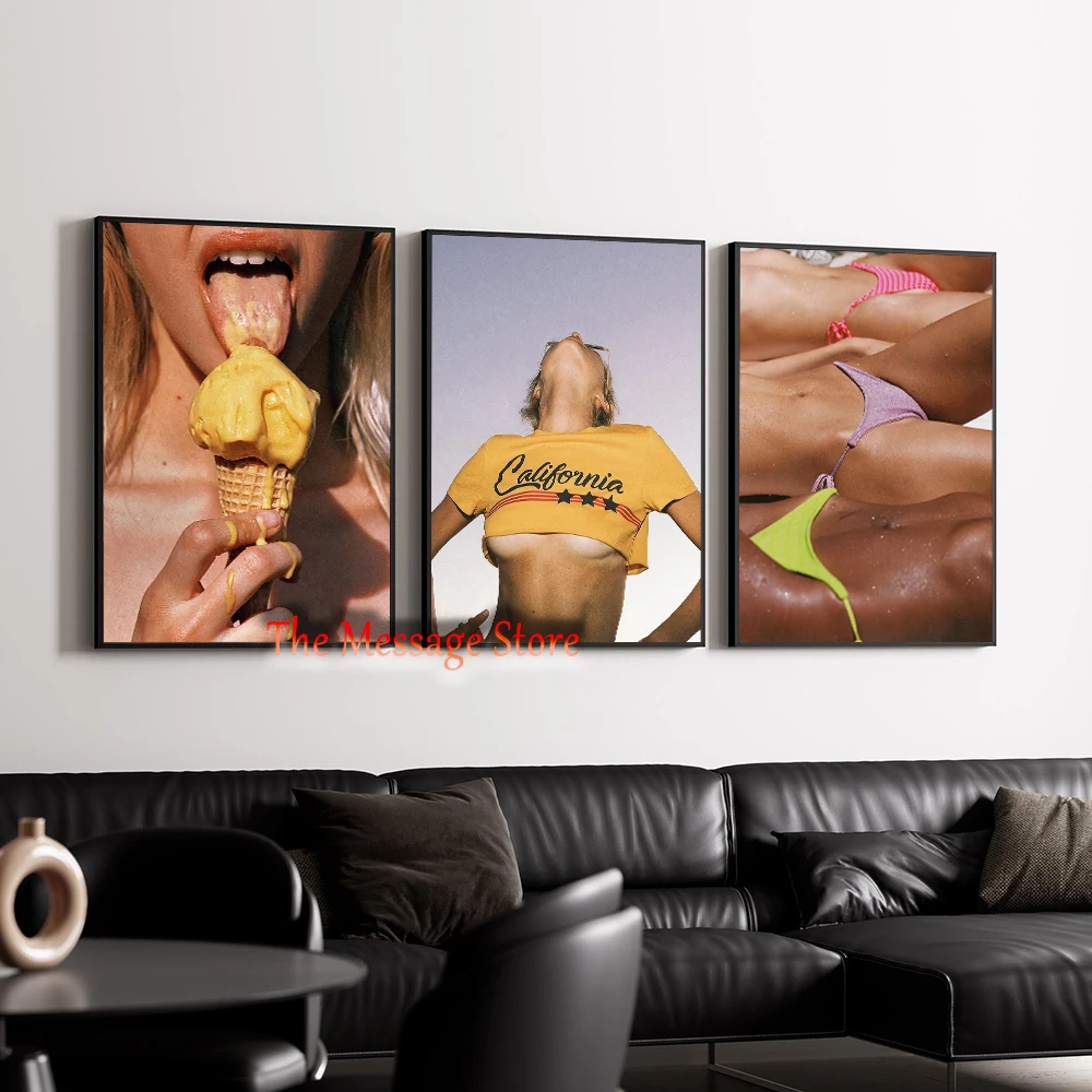 Retro Summer Wall Art California Beach Photography Sunbathing Bikini Poster Trendy Coastal Decor Canvas Painting Wall Pictures