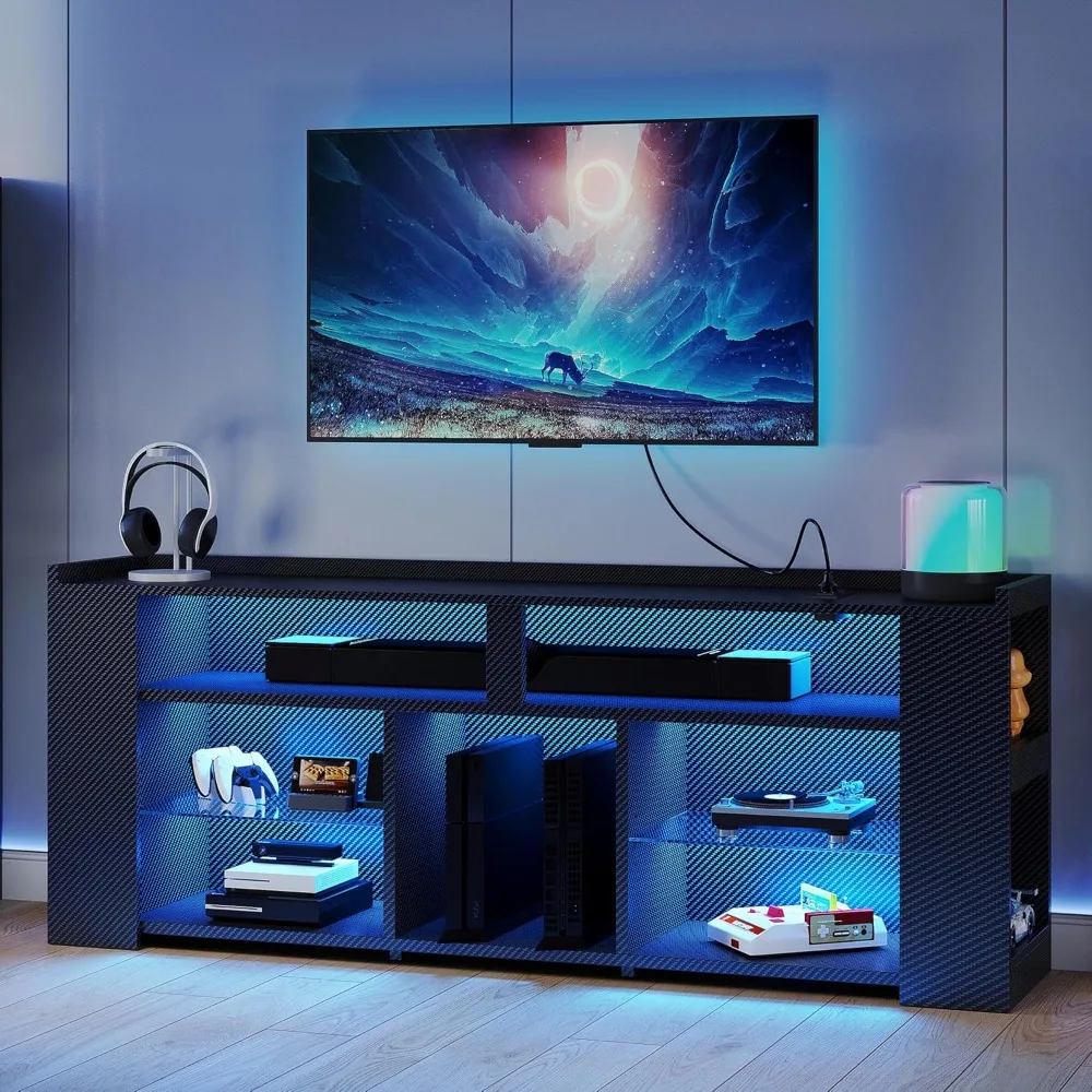 

LED TV Stands, Entertainment Center with Storage, Tall TV Stand W/Power Outlet, Gaming TV Cabinet, Stand with Carbon Fiber