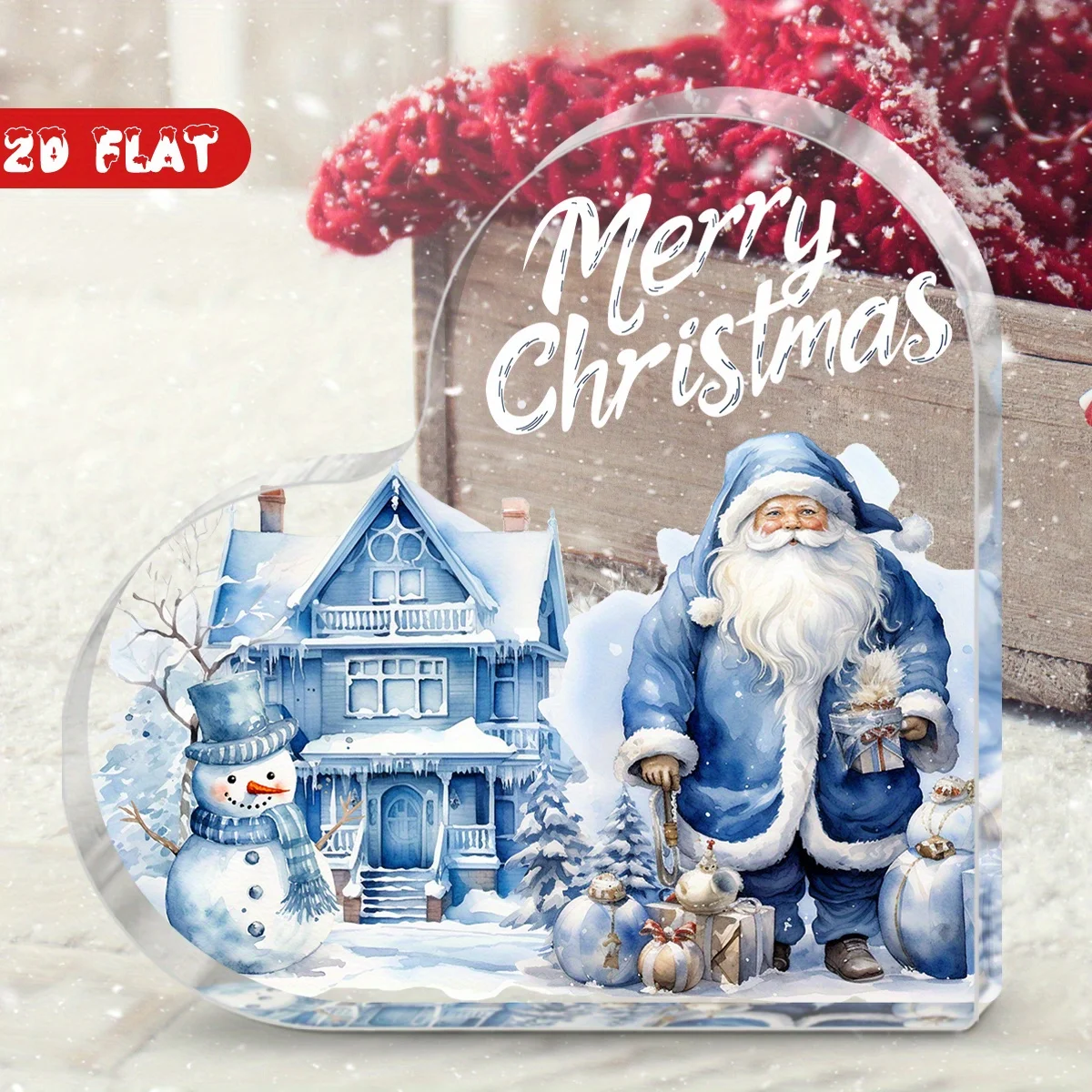2D Flat, A Holiday Announcements Gift,Merry‑Christmas Blue Winter Scene Heart‑Shaped Acrylic Keepsake, Xmas Gift