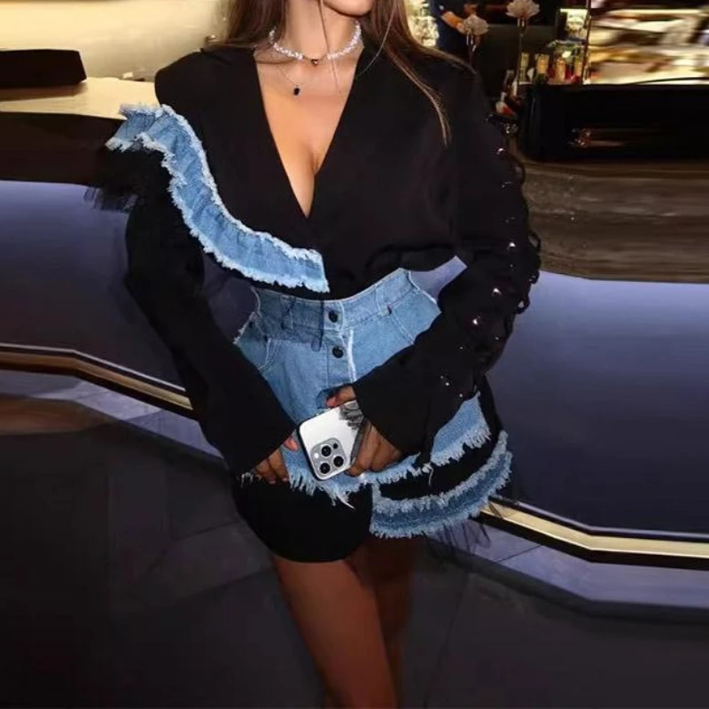 

Stylish Patchwork Denim Mini Dress Lace Deep V-neck Jacket Sexy Irregular Casual Sexy Top Streetwear 2025 Coat Autumn