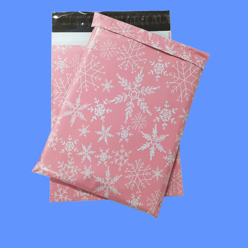 

100Pcs Pink Poly Courier Storage Bag Snowflake Printed Plastic Mailing Envelopes Waterproof Shipping Bags Pouches 25x35cm