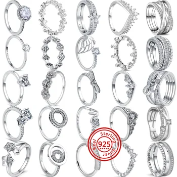 925 스털링 실버 하트 크라운 깃털 꽃 Bowknot 다층 포장 반짝 이는 Pantaro 반지 파인 약혼 보석 기념일