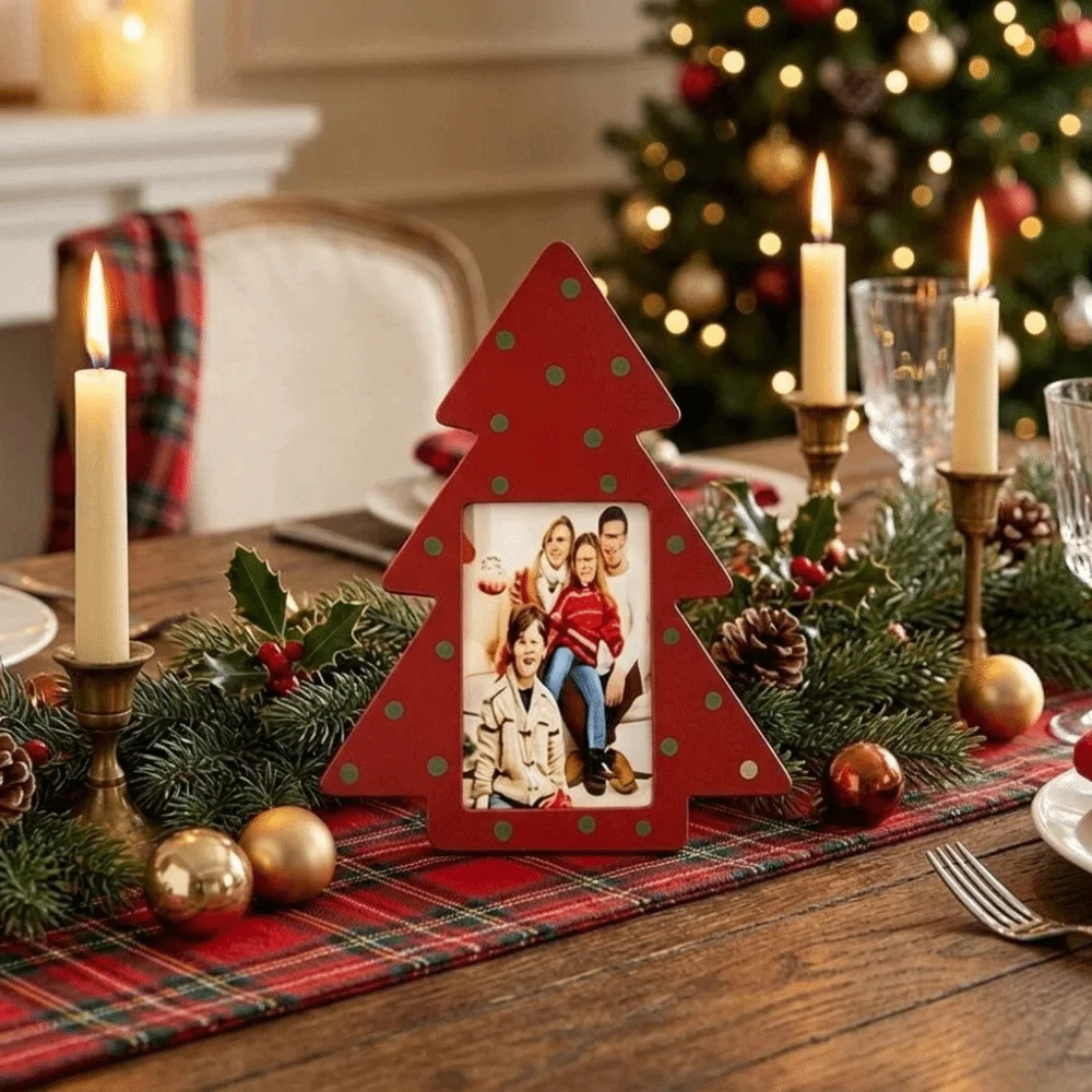 Cute Polka Dot Christmas Tree Picture Frame Mini Rustic Style Tree-Shaped Photo Frame Standing Holiday Ornament Home Decor