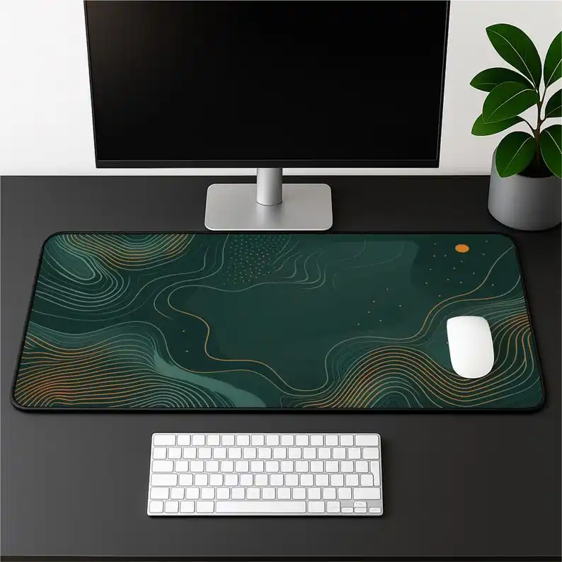 Modern Geometric Desk Mats,XXL Dark Green Line Mouse Pad, Office Abstract Tech Desk Mat, Wave Grid Workspace Decoration