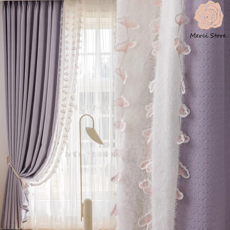 

Luxury Purple Jacquard Full Shade Lace Embroidered Gauze Integrated Curtain for Living Room Floor To Ceiling Window Custom Size