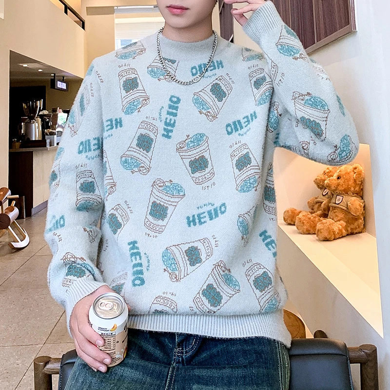 Повседневный вязаный свитер с принтом граффити, осень/зима, корейские мужские рождественские топы, 2025 г., толстый и теплый мужской базовый свитер