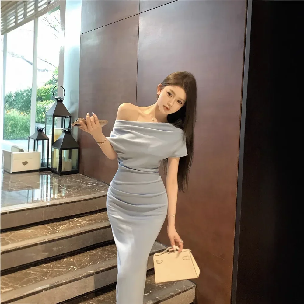 Estilo francês assimétrico ombro envoltório vestido feminino verão elegante saia longa manga curta império cintura joelho comprimento vestido