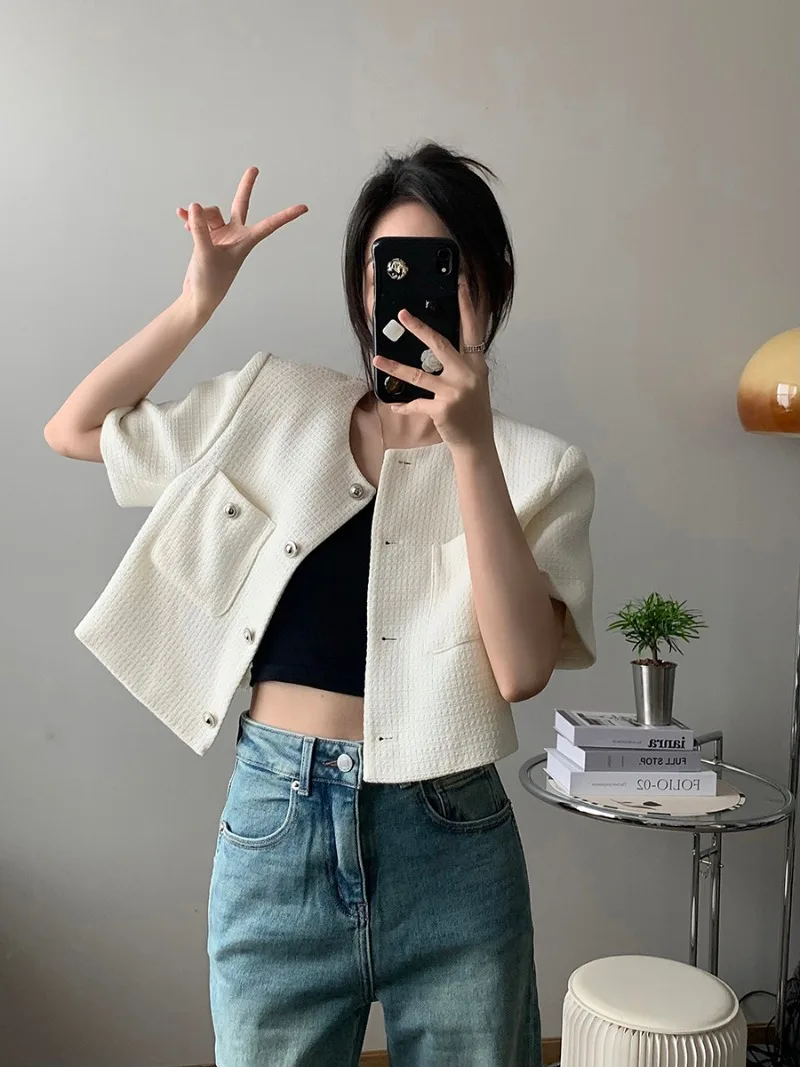 New Summer High End Casual Jacket Women Small Fragrance Short Sleeve O-neck Pockets Elegant Short Tops Korean Fashion Outwears