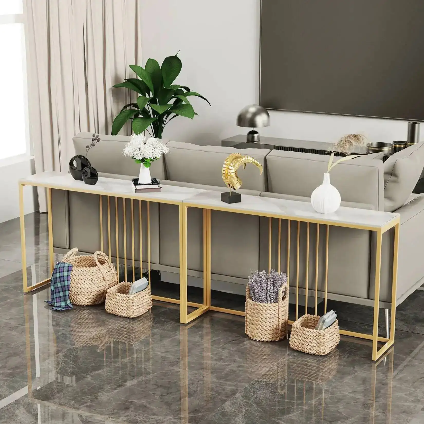 Table, Inch 47.2 Extra Long Console Sofa Table with Sintered Gold Metal Top Leg for Corridor Entrance Living Room Table