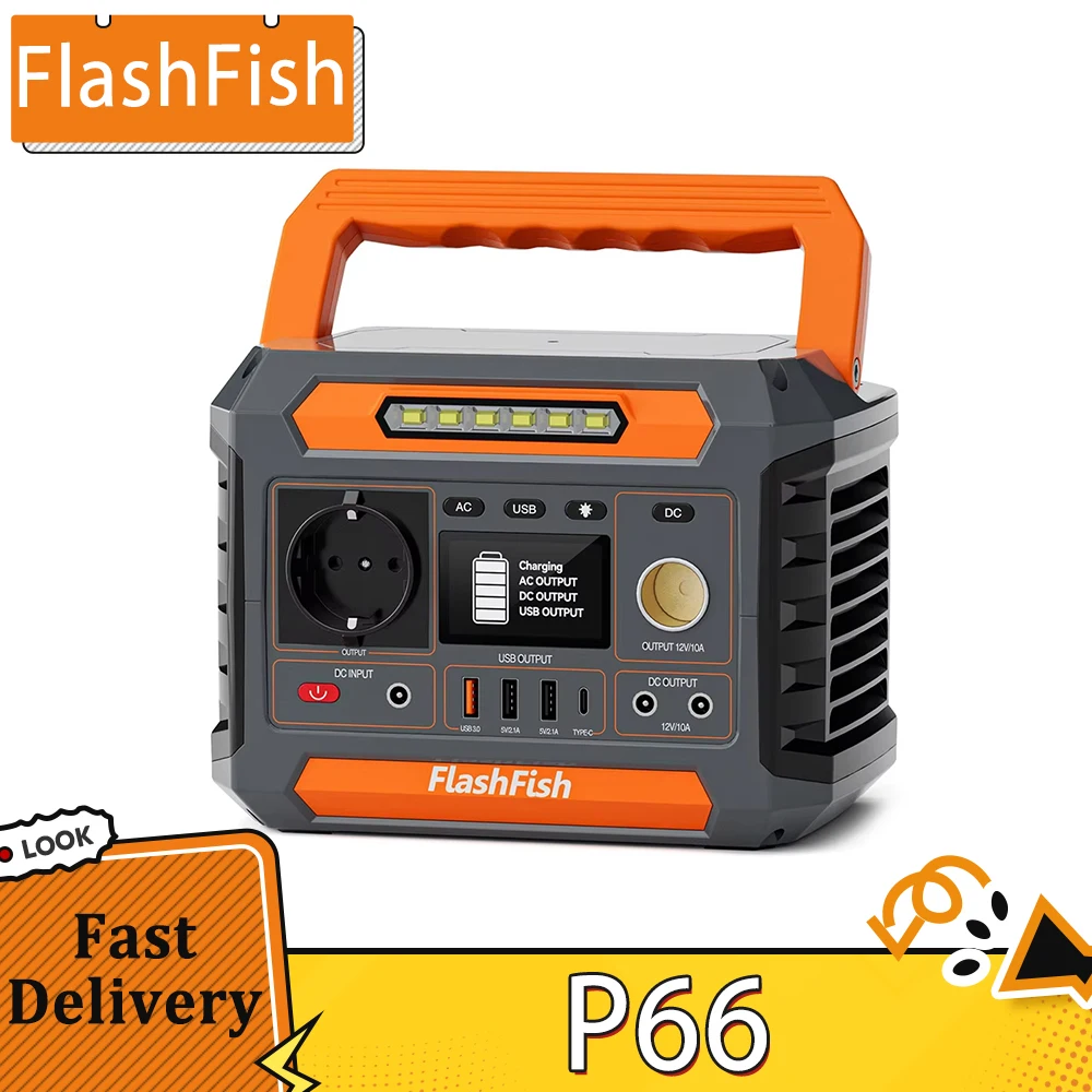 Centrale électrique portable Flashfish P66, Générateur extérieur 300W 230,88 Wh, 8 sorties, USB-C QC3.0, onde sinusoïdale pure, chargement solaire