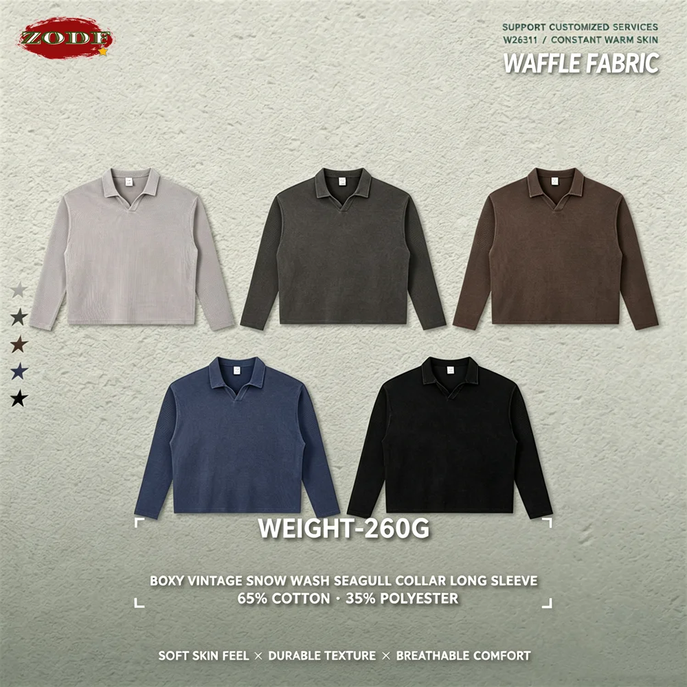 ZODF Retro Autumn Men 260gsm Washed Waffle T-Shirt Unisex Loose Boxyfit Seagull Collar‌ Full Sleeve T Shirts Tops HY01318