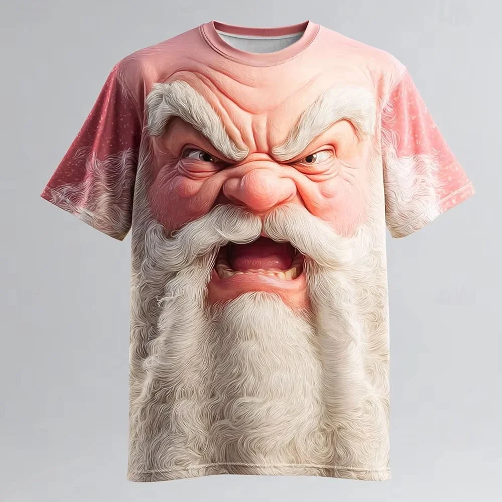 Angry Santa Claus Pattern T-Shirt For Men Christmas 3D Printed T Shirts Summer Loose Short Sleeved Tops Casual Round Neck Tees