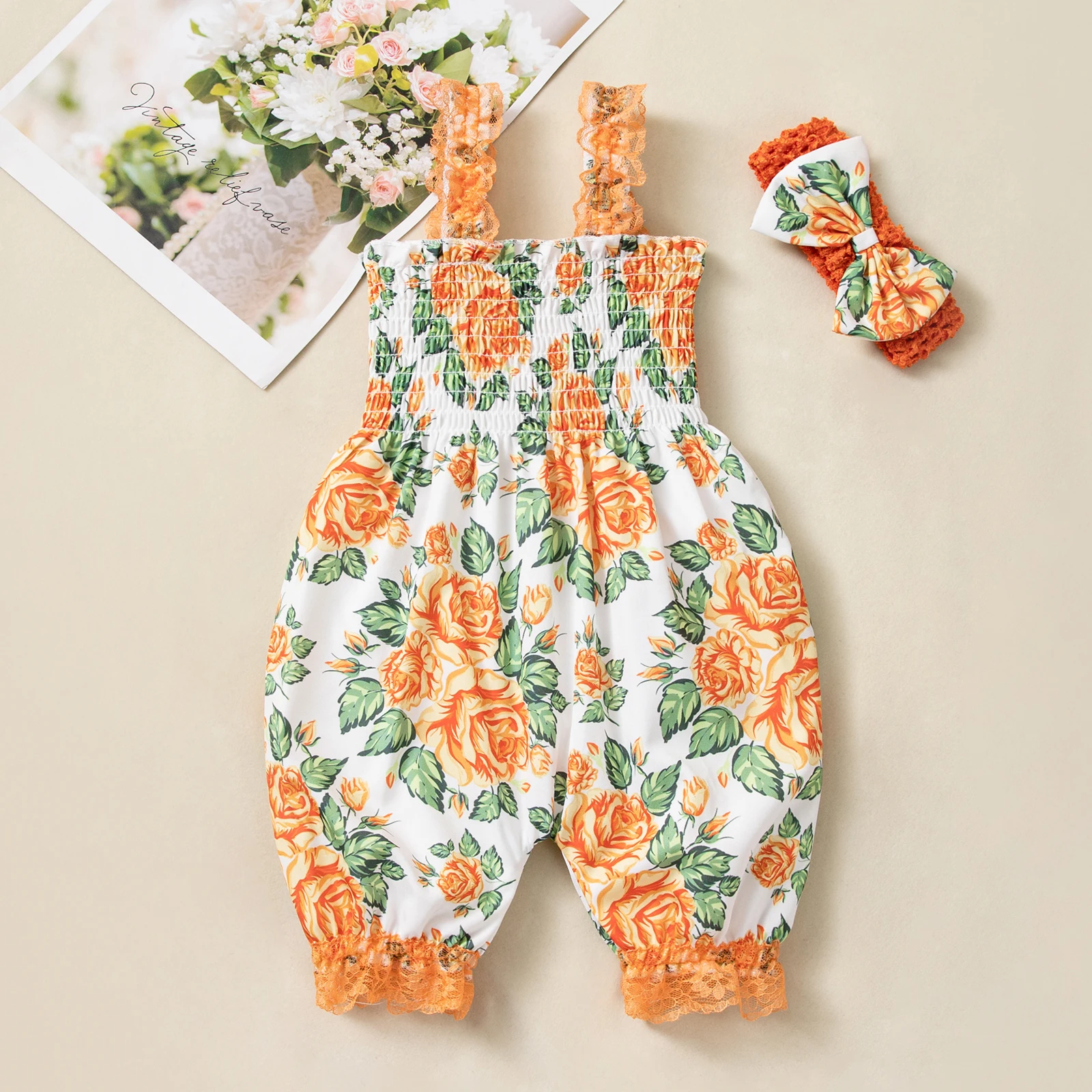 Baby Girls Floral Romper Overall Jumpsuit with Ruffle Trim and Headband Newborn Summer Clothes White Rose Print