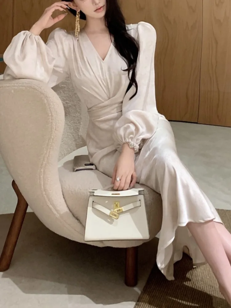 Robe mi-longue imprimée moulante pour femmes, élégante, manches lanternes, col en v, à lacets, style sirène, Robe de soirée, automne