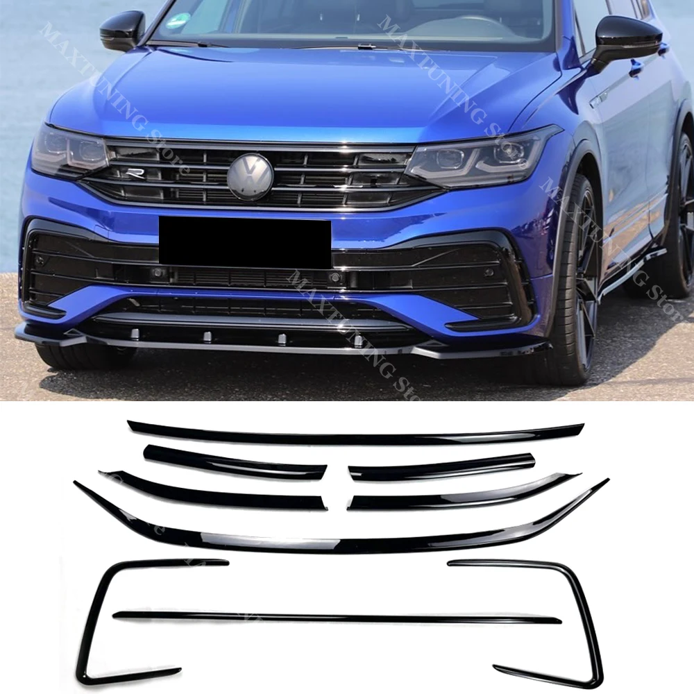 For Volkswagen Tiguan MK2 R-Line 2021 2022 2023 ABS Glossy Black Front Bumper Grille Center Grill Molding Cover Strip Trim Kits