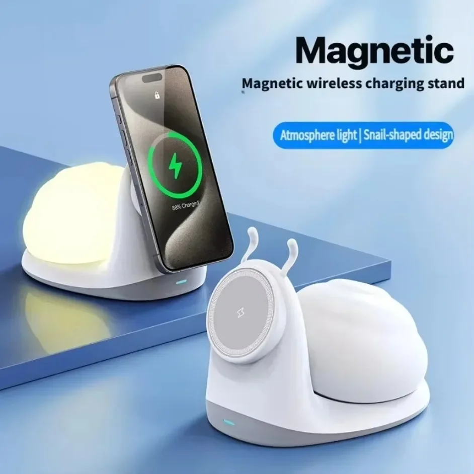Cute Cartoon Snail Wireless Charger 15W Magnetic Fast Charging Stand with LED Night Light Dimmable Bedside Lamp Room Decor Gift