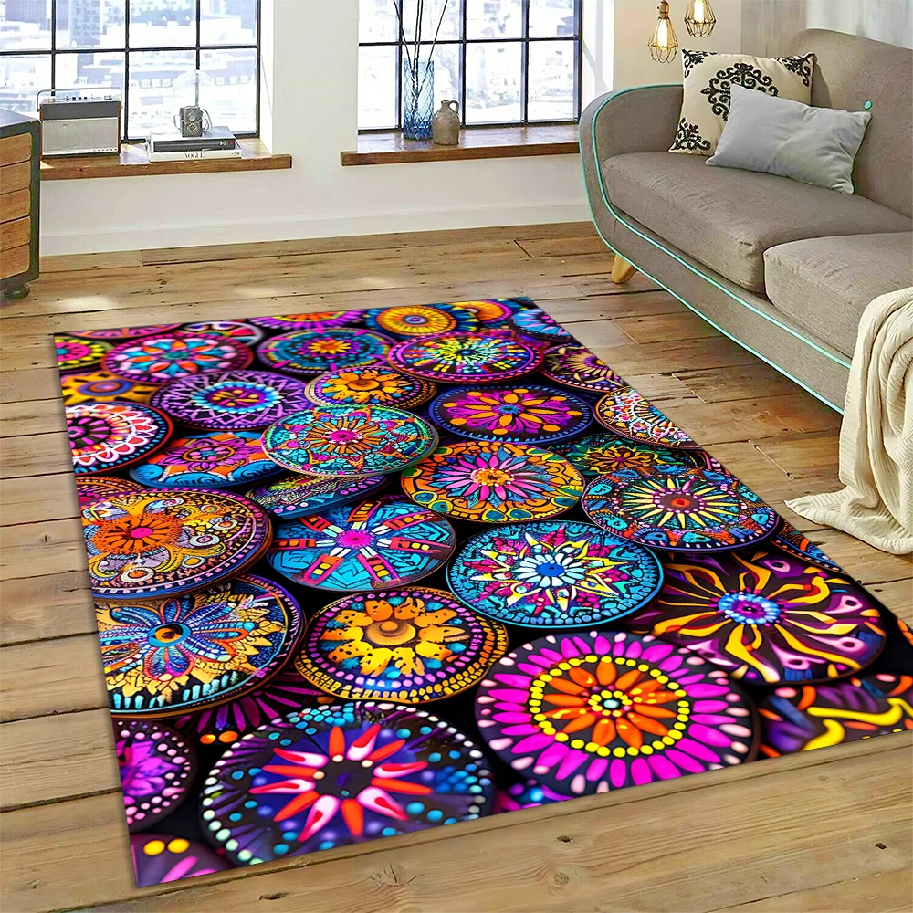 3D Ethiopia Colorful Flower Woven Art Baskets Mandala Rug Carpet for Living Room Bedroom Home Decor,Non-slip for Sofa Doormat