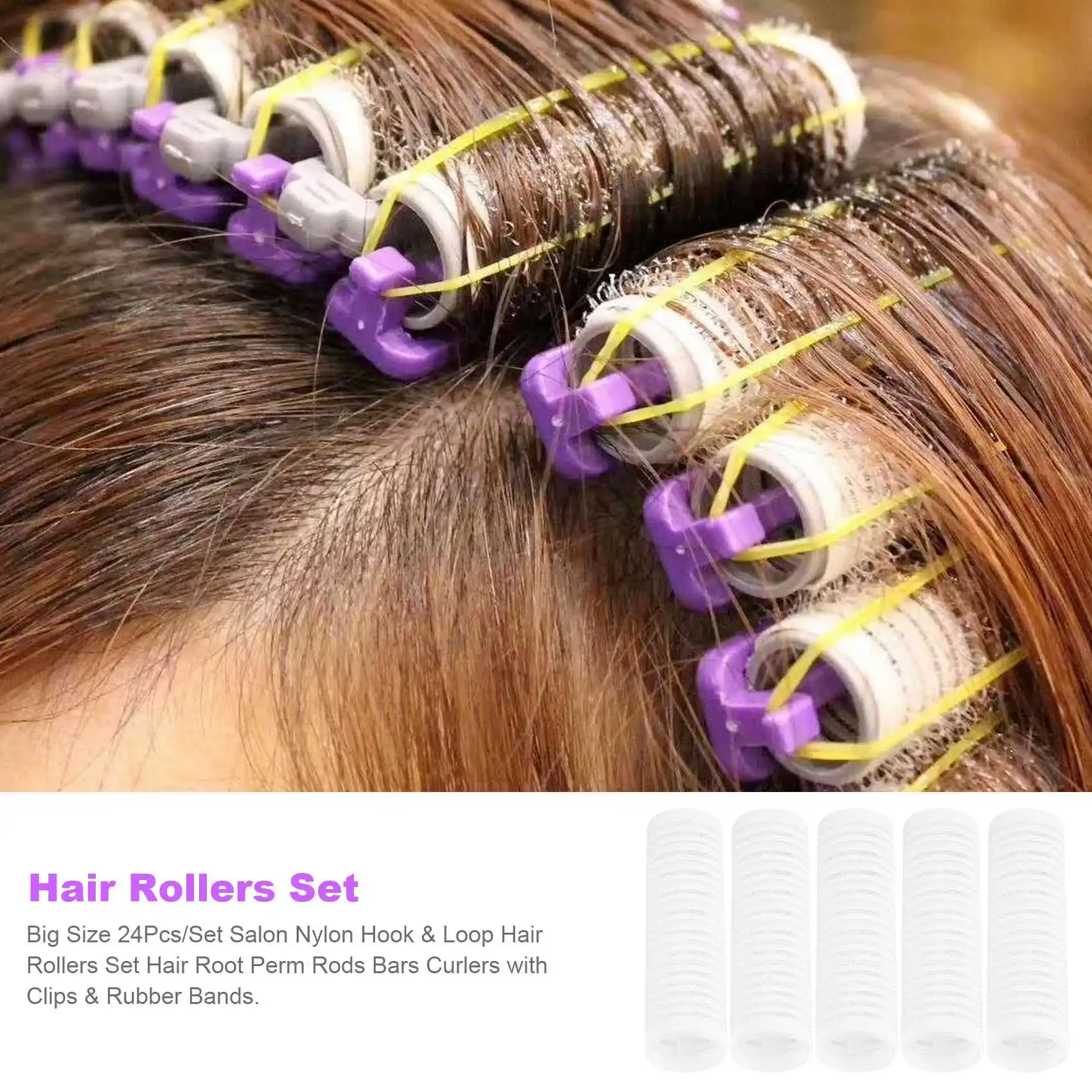 [N84R] Big Size 24Pcs/Set Salon Nylon Hook & Loop Hair Rollers Set Hair Root Perm Rods Bars Curlers with Clips & Rubber Bands