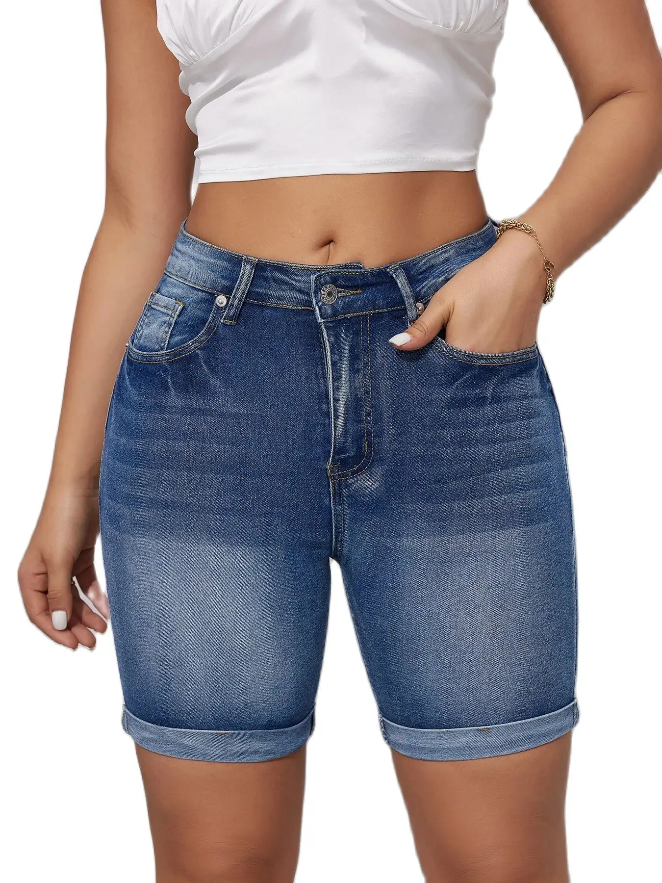 2024 Summer New High Waist Ripped Denim Shorts For Women Fashion Stretch Skinny Knee Length Jeans Shorts Casual Female Clothing