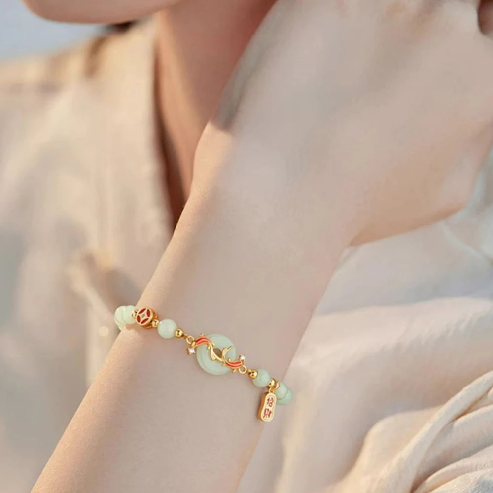 Valentine's Special Exquisite Type A Jadeite Beaded Bracelet Koi Fish-Inspired Hetian Jade Peace Buckle Bracelet For Women