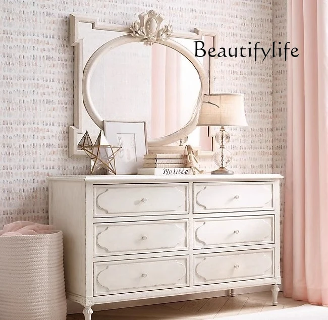 

American solid wood furniture, French rural retro carved chest cabinet, antique white old bucket dresser customization