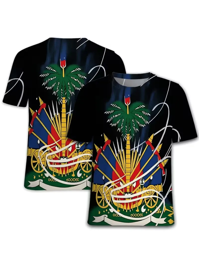 Men's Haiti Flag Inspired T-Shirt Haitian Palm Tree 3D Print Casual Short Sleeve Tee Caribbean Patriotic T Shirt Tops