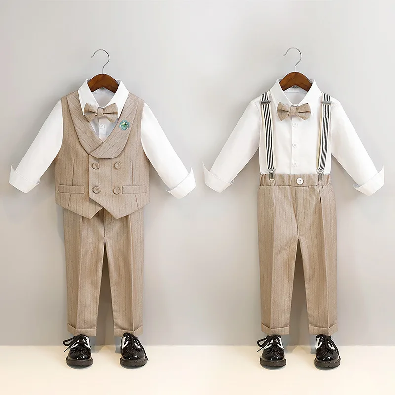 

Boys Formal Suit Khaki Elegant Gentleman Blazer Set 2 To 12 Years Children Host Piano Performance Costume Kids Wedding Outfits