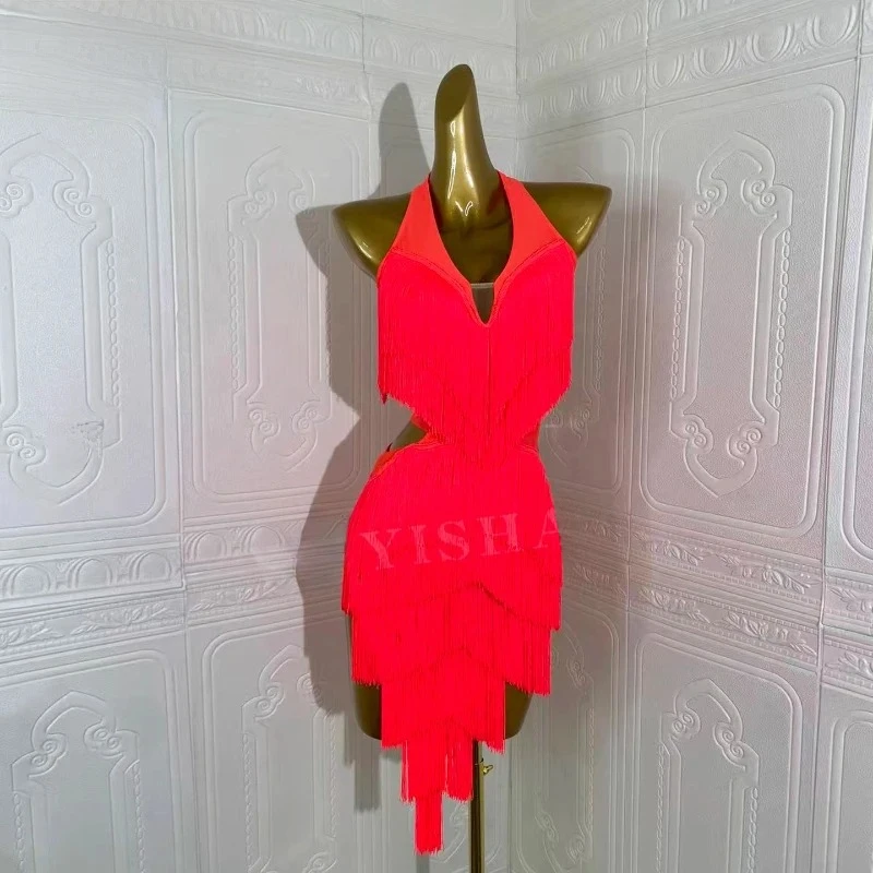 Latin Dance Competition Show Custom Adult Children's Red Fringe Dance Dress Ballroom Rumba Chacha Tango Performance Wear