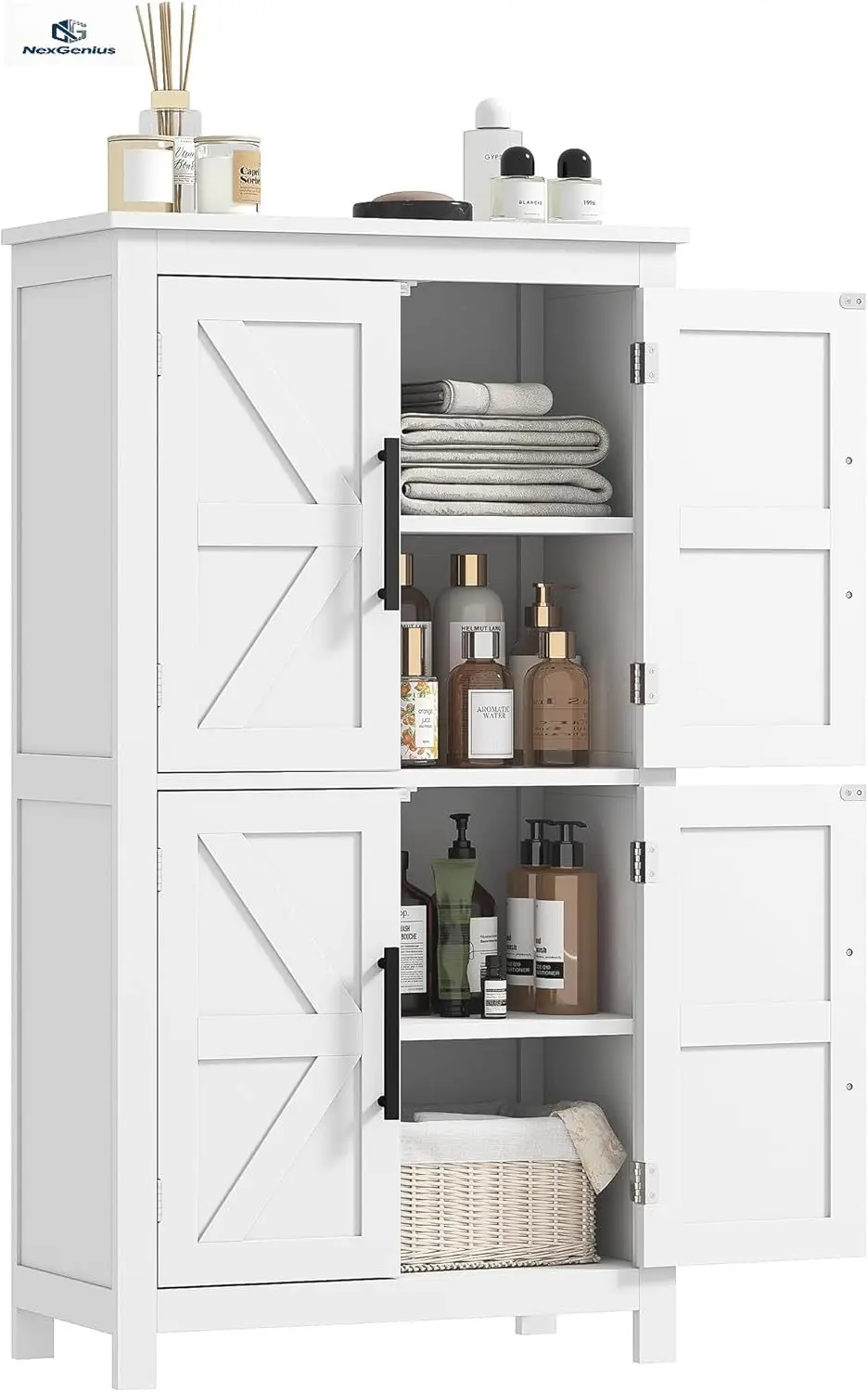 

Farmhouse Bathroom Storage Cabinet with 4 Barn Doors, Bathroom Floor Cabinet with 2 Adjustable Shelf, Freestanding Storage Cupbo