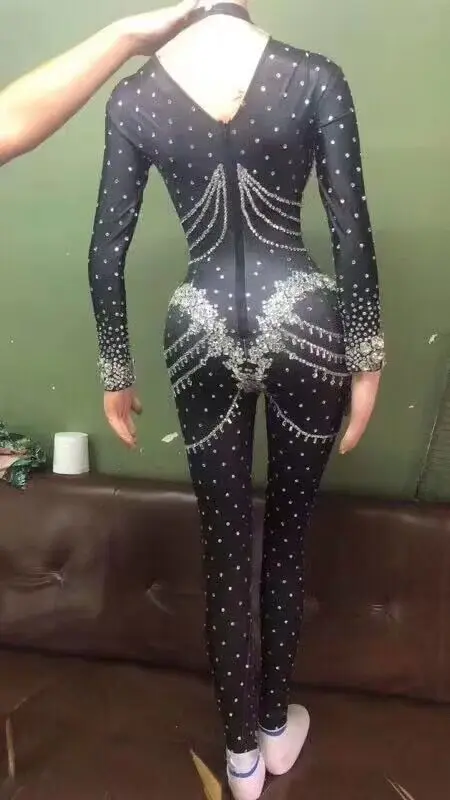 Mono negro con cristales brillantes, ropa de noche para mujer, traje de celebración, traje de diamantes de imitación brillantes, traje de cantante femenina para cumpleaños