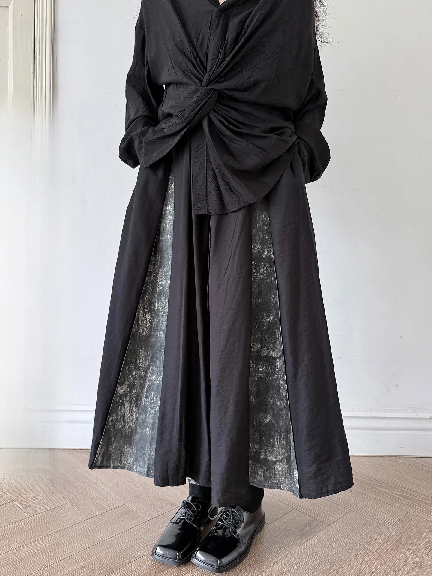 Land And Mountain Island Moonlight Design Asymmetrical Pleated Skirt Women's  Skirt Casual Style Splicing Fabric Skirt