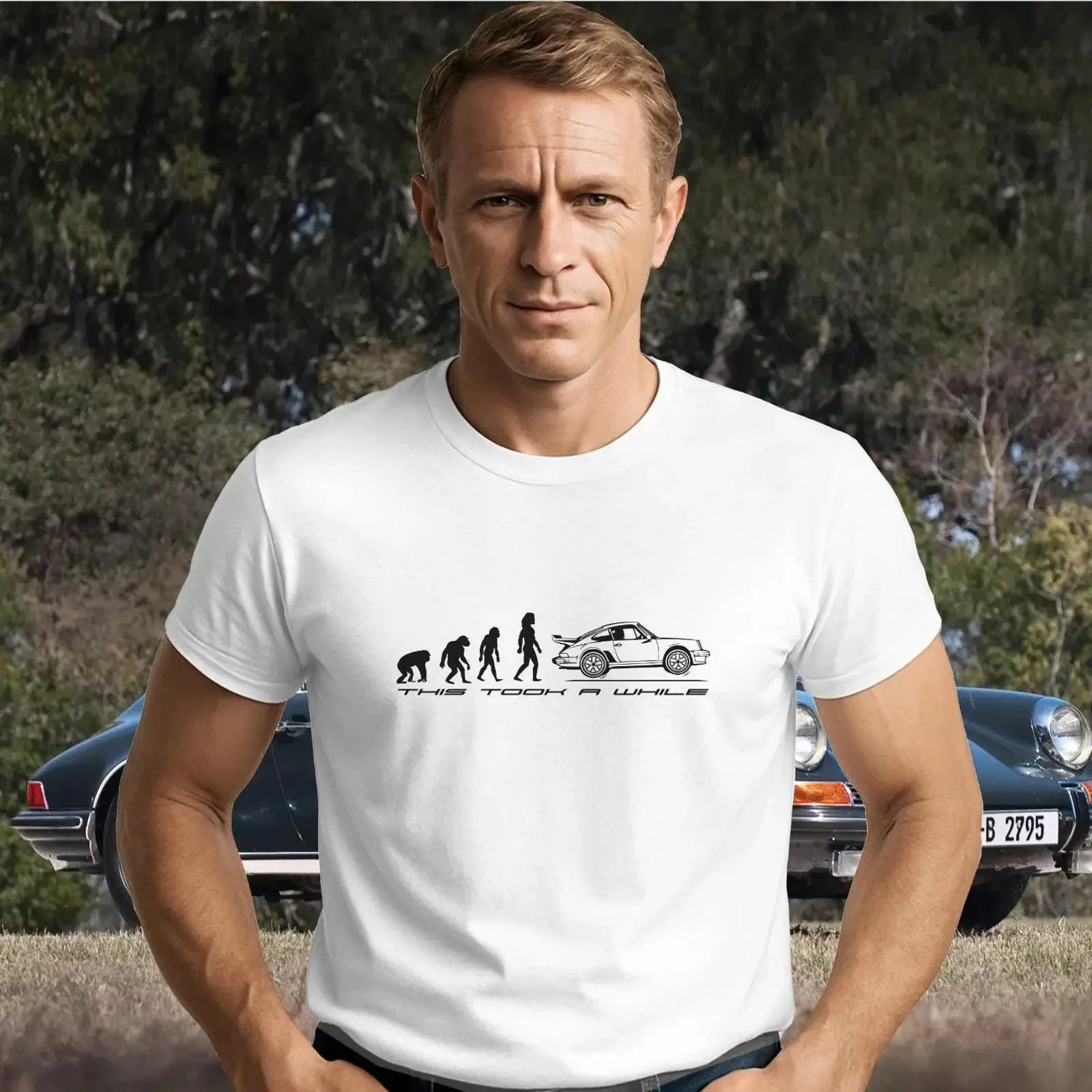 T-shirt drôle « Evolution of Man » pour les passionnés de sport automobile, hommage au patrimoine automobile, vintage, délavé, respirant