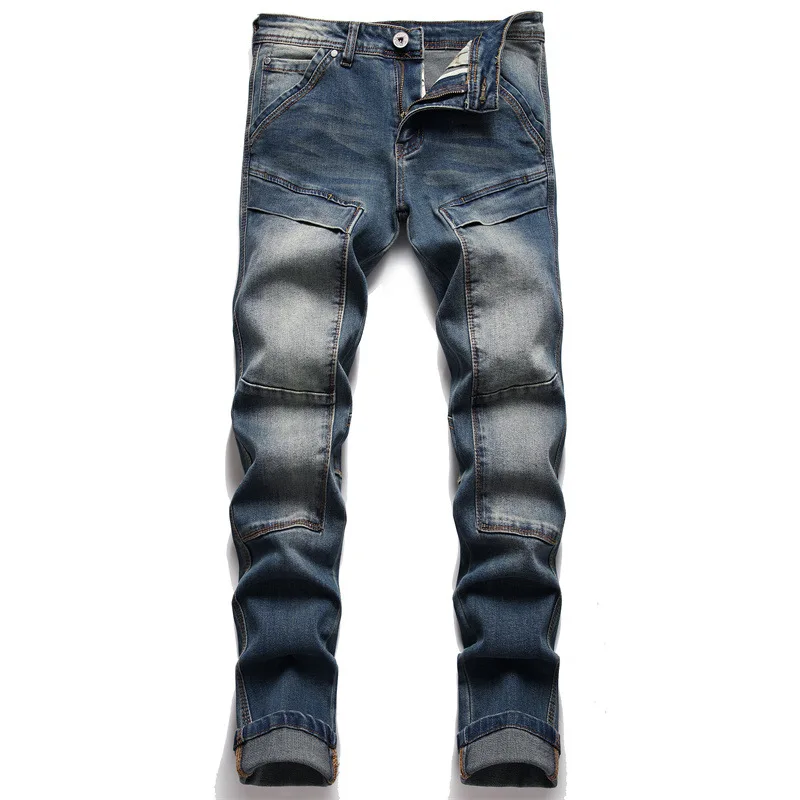 

Classic Men Jeans Pants Splicing Denim Trousers Biker High Quality Male Straight Slim Casual Designer Incline Pocket Comfortable