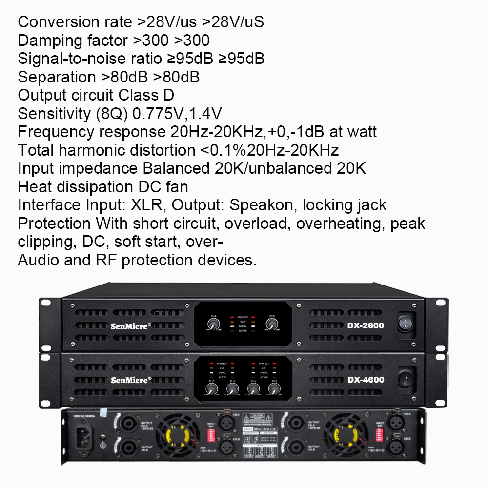 SenMicre DX4600 4X600W 8OHM Amplificador de potência profissional 2/4 canais de áudio DJ Subwoofer AMP Line Array Amplificador de alto-falante Classe D Pré-amplificador de som 4x800W 4OHM Equipamento de áudio KTV