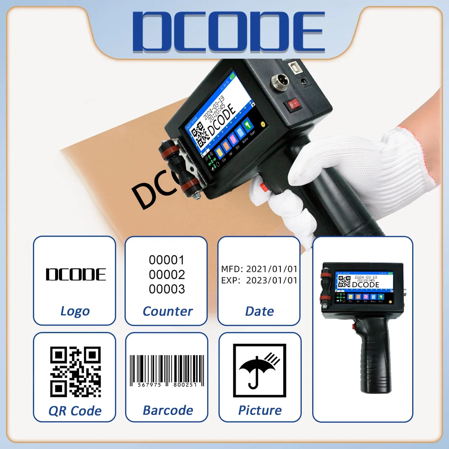 DCODE 1730PLUS Portable 12.7mm Handheld Thermal Inkjet Printer Non-encrypted QR Barcode Counter Logo Date Label Coding Machine