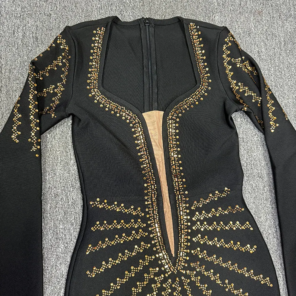 2024 Elegant Women's Light Luxury Hot Diamond Bandage Dress V-neck Long Sleeve Bodycon Long Dress Cocktail Evening Party Vestido
