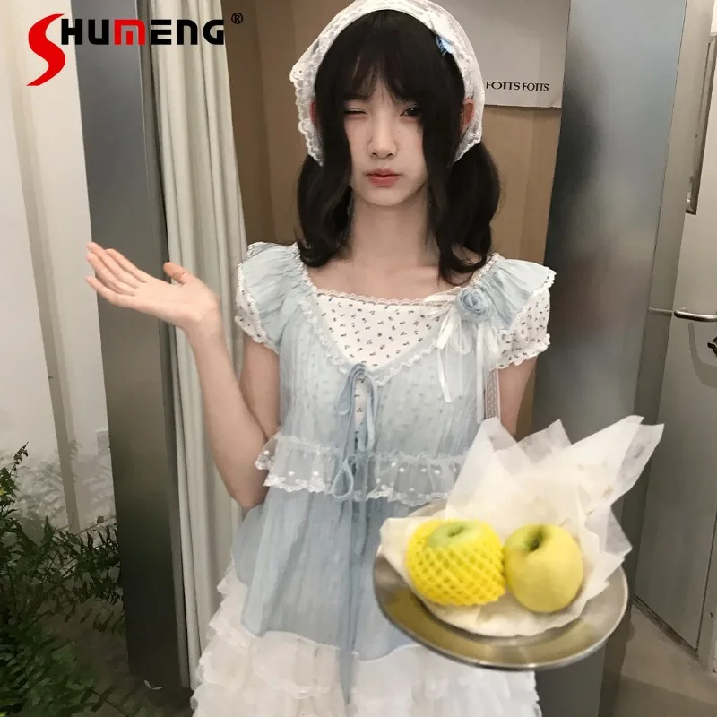 

2026 Summer Japanese Rojita Fresh Floral Top Inner Mesh Lace Edge Short Puff Sleeves Blouse Sweet Gentle Elegant Outerwear Shirt
