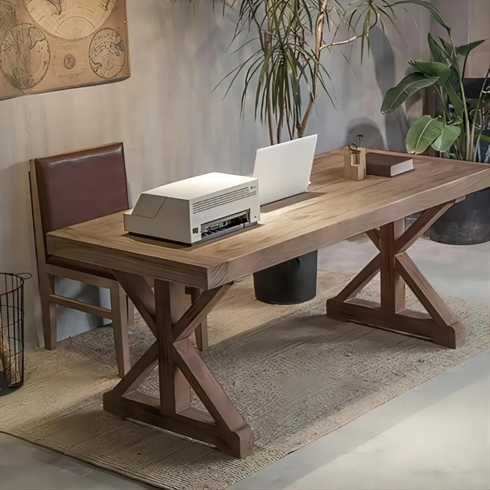 

Rustic Farmhouse Computer Table Wood Executive Desk with Trestle in Natural