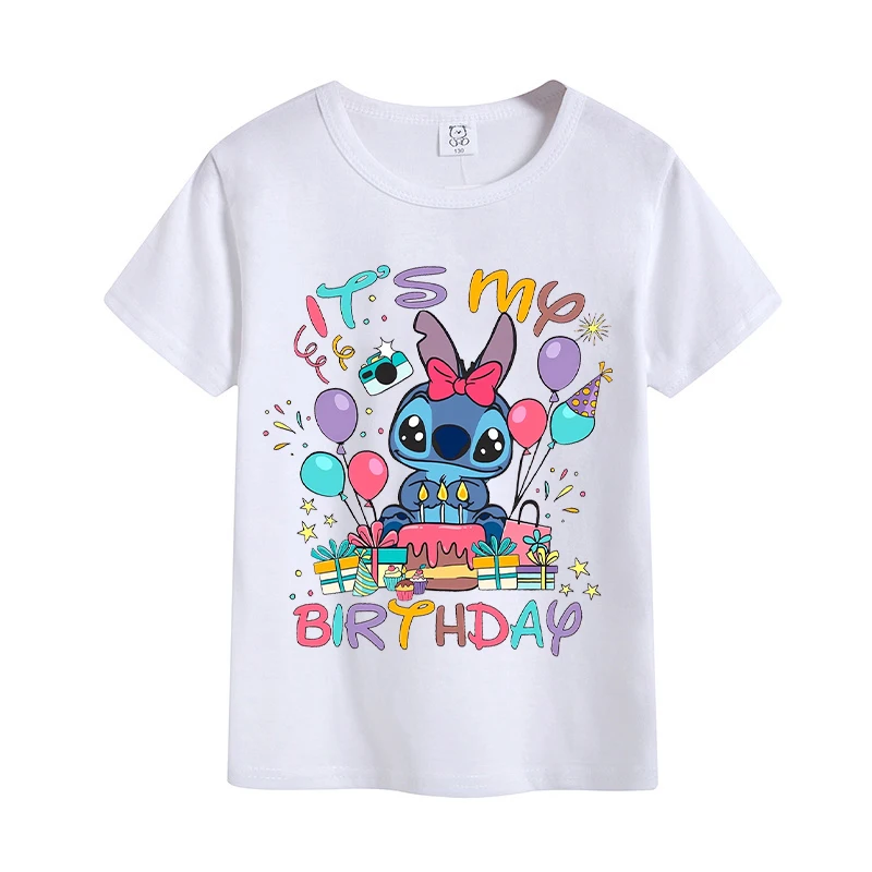 Stitch Disney Children Birthday T-shirts Kawaii Disney Cartoon Printed Kids Tops Boy Girl Short Sleeves 2024 Baby Summer Clothes