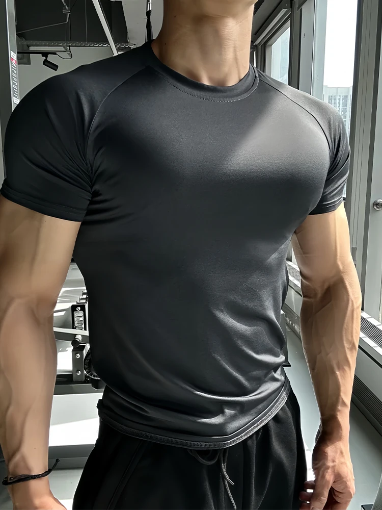 

Bla Qui Dry ort Sve Men's T-irt Muscle Enhancing Slim Fit Elastic American Sle Casual Breathable f Sve