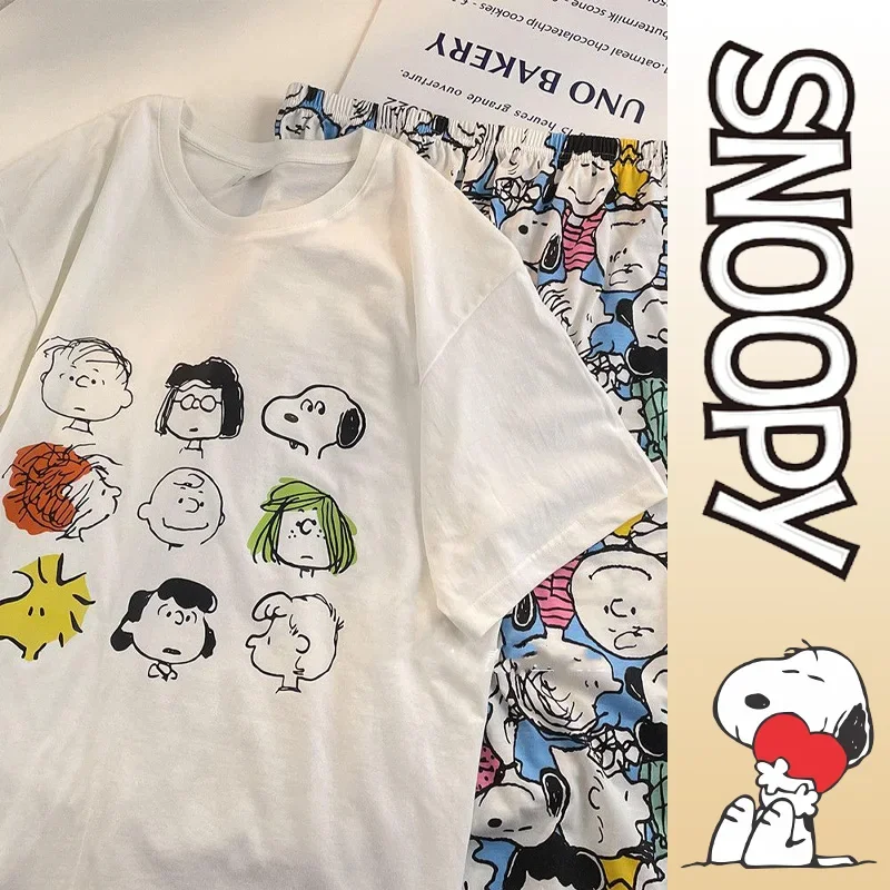 

Пижамный комплект Snoopy Женский, летняя футболка с круглым вырезом и коротким рукавом, штаны, топ и брюки, домашняя одежда для отдыха
