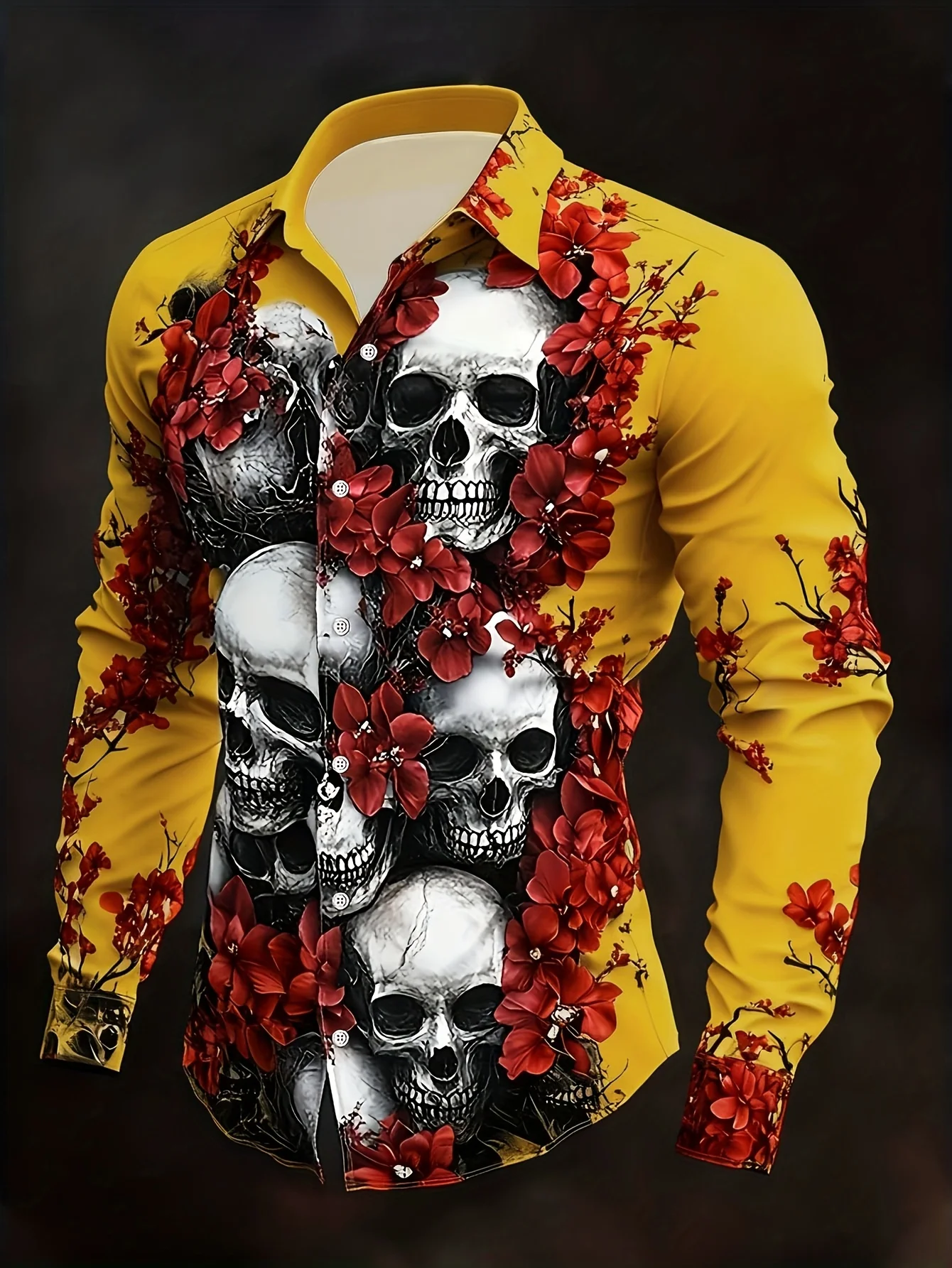Men Skull Red Floral Print Long Sleeve Shirt Turn‑Down Collar Button‑Up Polyester Gothic Party Blouse