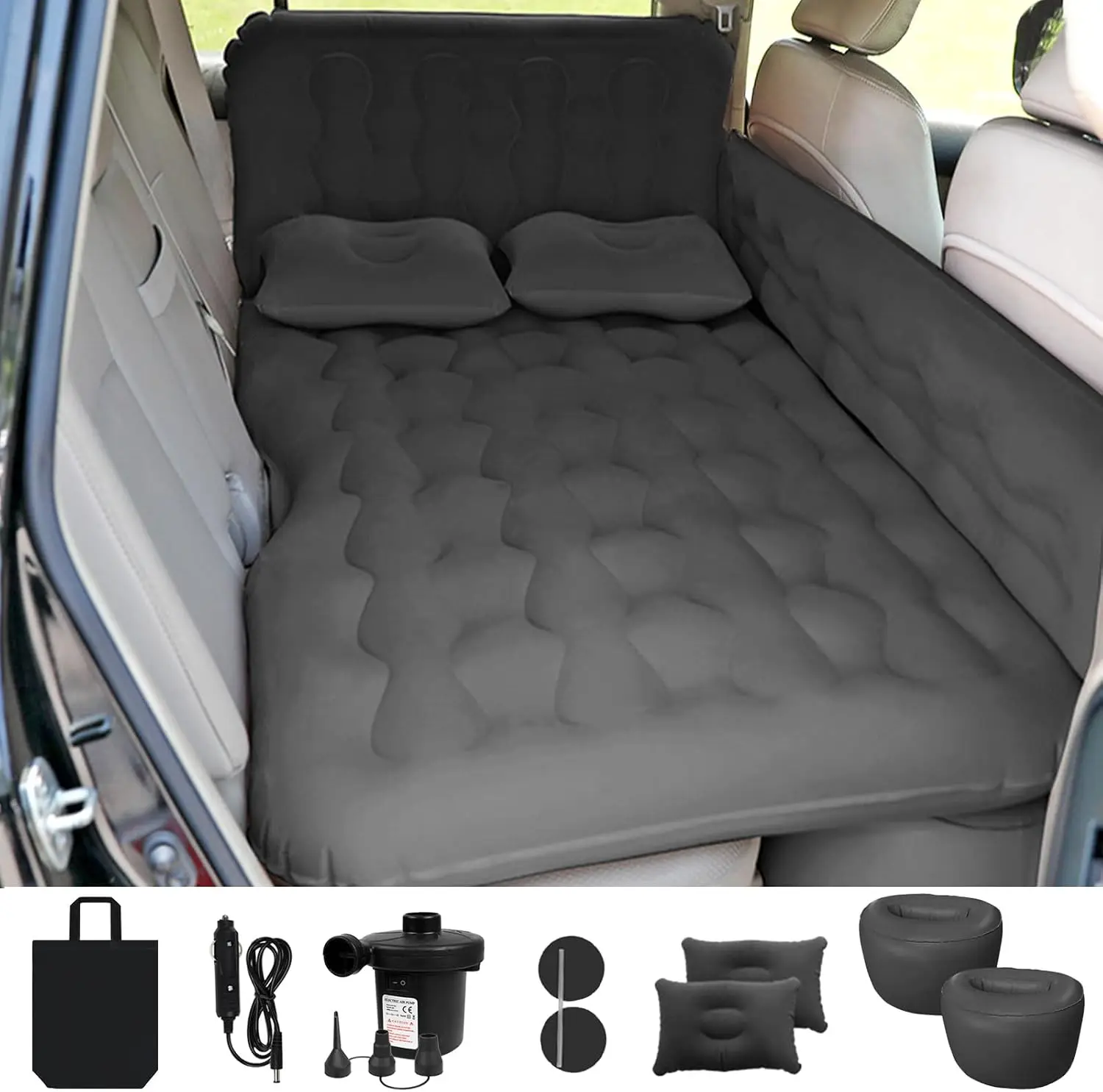 Colchón de aire para coche SUV con bomba eléctrica, almohadas inflables y reposapiés para dormir en el asiento trasero, cama de camping engrosada - Negro
