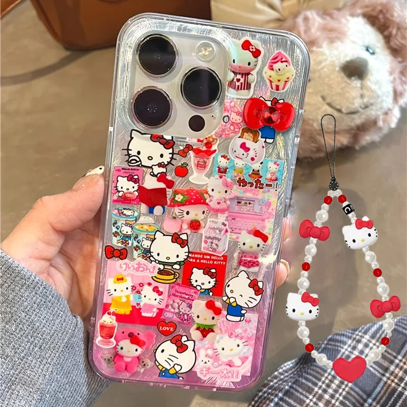 Japanese Korean Ins Cute Cartoon Hello Kitty Phone Case For iPhone 16 15 14 13 12 11 Pro Max XR XS Max 7 8 Plus MINI Y2K Cover