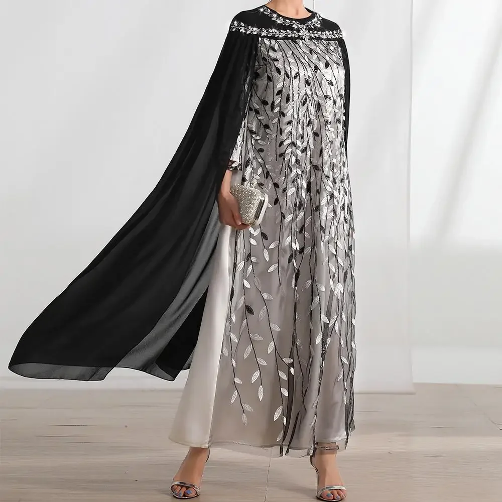 

Luxury Dubai Moroccan Kaftan Black Pink Arabic Evening Dress with Cape Sleeve Rhinestone Sequins Muslim Women Wedding Party Gown