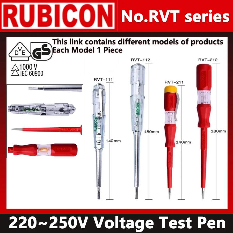 Bolígrafo de prueba de voltaje RUBICON 220 ~ 250V con Detector de potencia LDE herramienta de electricista ranurada RVT-111/RVT-112/RVT-211/RVT-212