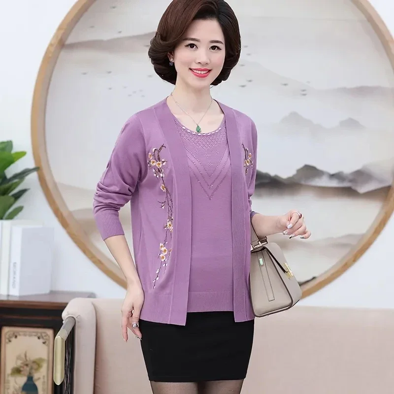 Pop Pop Mother Spring Summer Suit M-4XL Women's Knit Coat Cardigan Middle-Aged 2-Piece Set Thin Coat Knitted Short Sleeves Embro